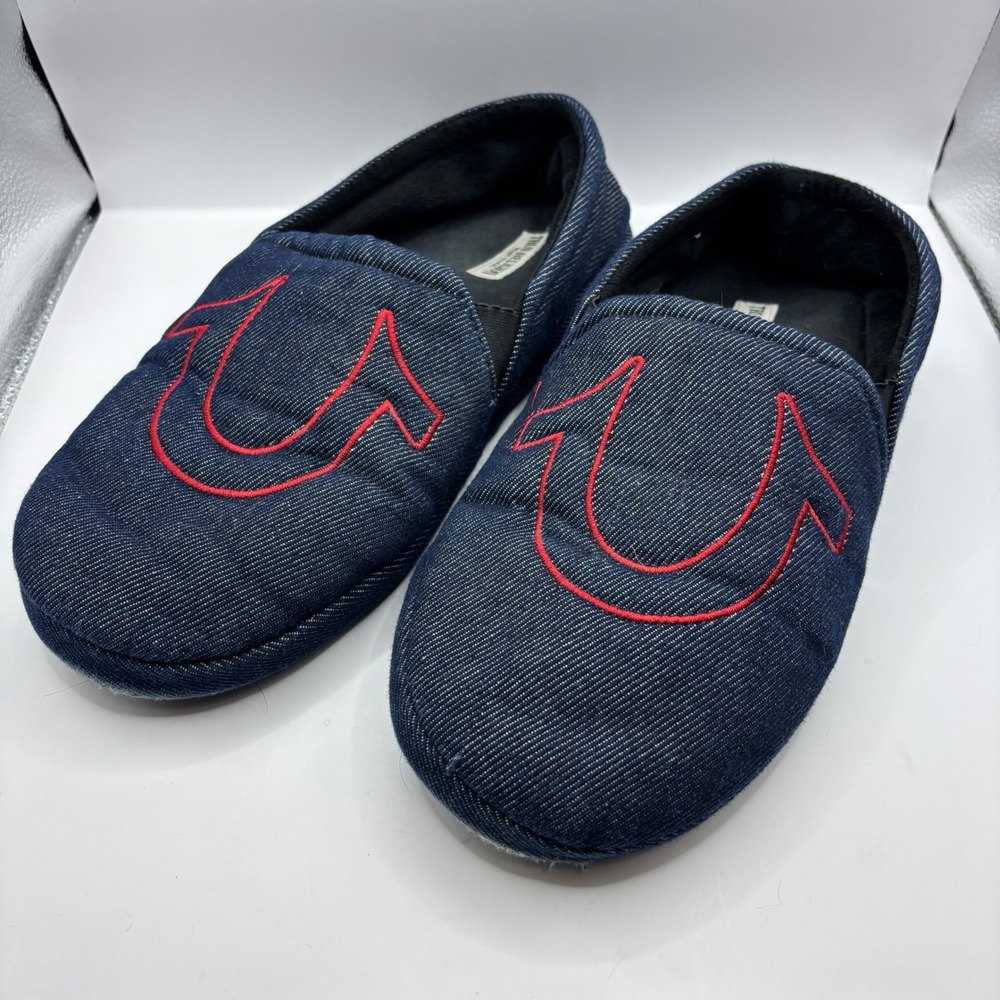 True Religion Slippers Mens Medium 9-10 Blue Denim Red Horseshoe House Shoes